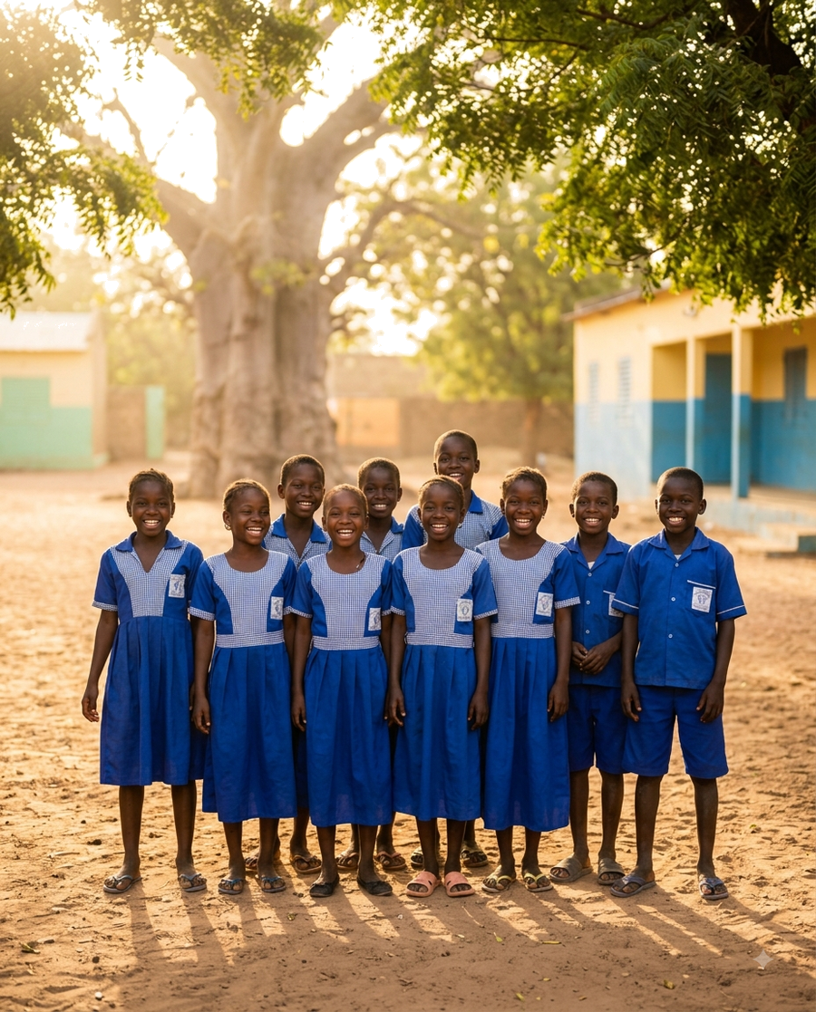 Enfants sénégalais en uniforme scolaire devant leur classe, sourires et lumière naturelle