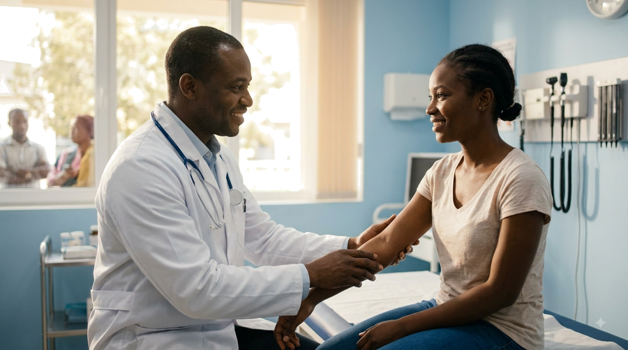 Un médecin africain en blouse blanche examine une patiente dans un dispensaire de quartier, lumière naturelle